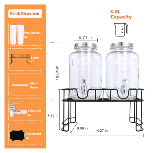 MR.KIANGCI 1 Gallon Glass Drink Dispensers For Parties-Set of 2,Drink Dispenser with Fruit Infuser & Stand,Juice or Beverage Dispenser for BBQ, Picnic, Party,Laundry Detergent Dispenser - Image 2