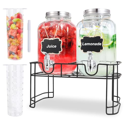 MR.KIANGCI 1 Gallon Glass Drink Dispensers For Parties-Set of 2,Drink Dispenser with Fruit Infuser & Stand,Juice or Beverage Dispenser for BBQ, Picnic, Party,Laundry Detergent Dispenser - Image 1