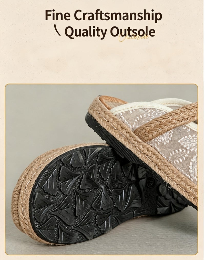 Women Summer Linen Woven Embroidered Mules Slippers, Retro Floral Slip‑On Backless Flat Shoes for Casual Daily Wear - Image 3