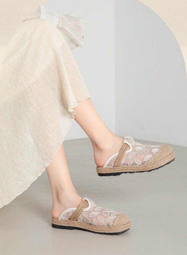 Women Summer Linen Woven Embroidered Mules Slippers, Retro Floral Slip‑On Backless Flat Shoes for Casual Daily Wear - Image 2