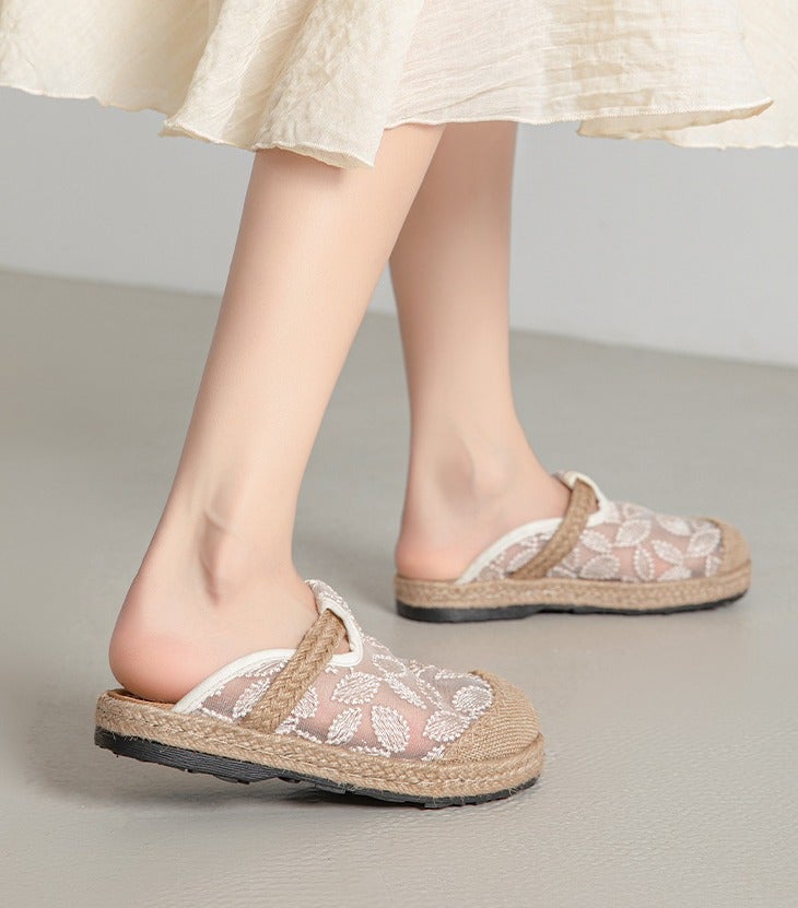 Women Summer Linen Woven Embroidered Mules Slippers, Retro Floral Slip‑On Backless Flat Shoes for Casual Daily Wear - Image 5