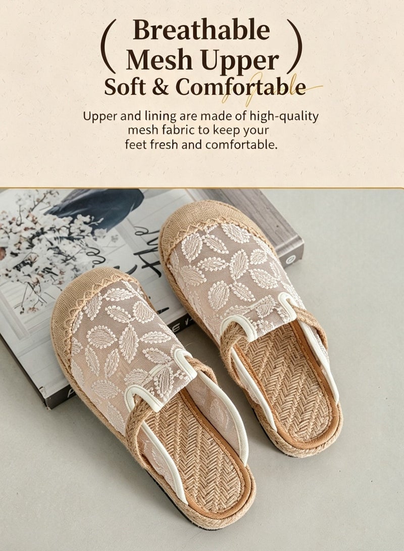 Women Summer Linen Woven Embroidered Mules Slippers, Retro Floral Slip‑On Backless Flat Shoes for Casual Daily Wear - Image 1