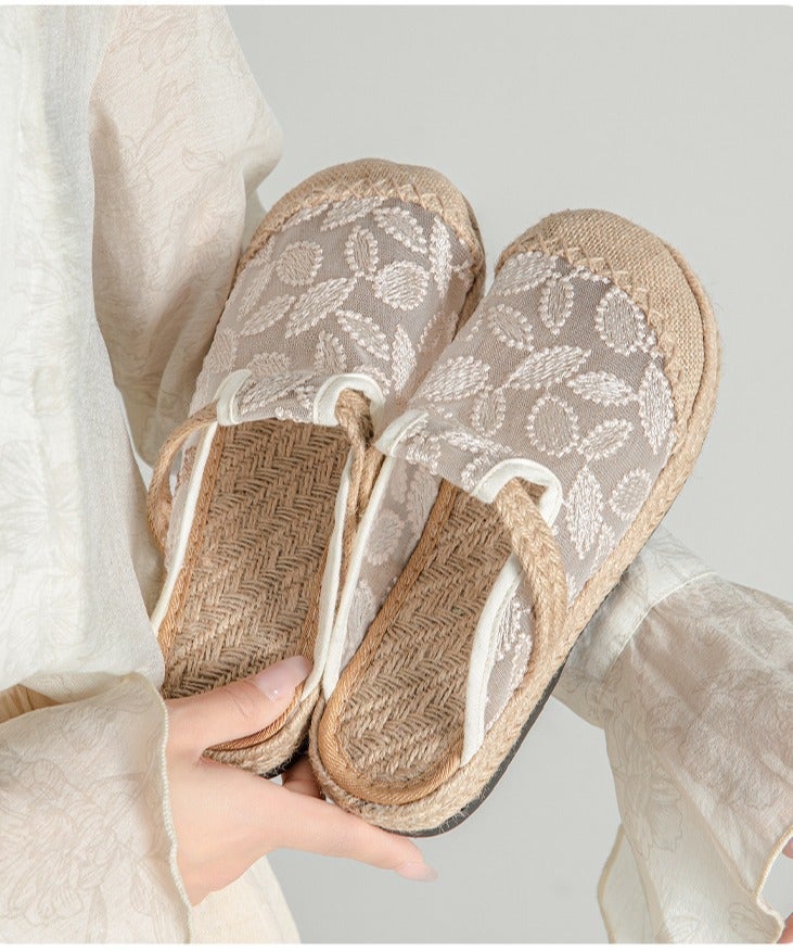 Women Summer Linen Woven Embroidered Mules Slippers, Retro Floral Slip‑On Backless Flat Shoes for Casual Daily Wear - Image 4