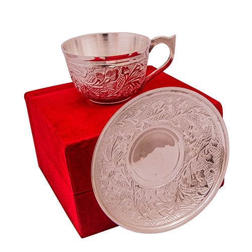 Piepot Luxury Handcrafted Silver Plated Cup Saucer Set with Tray in Velvet Box | Cup Saucer Set of 1 for Tea | Tea/Coffee Cups 120 ml | Microwave & Dishwasher Safe | Ideal for Daily Use & Gifting - Image 3