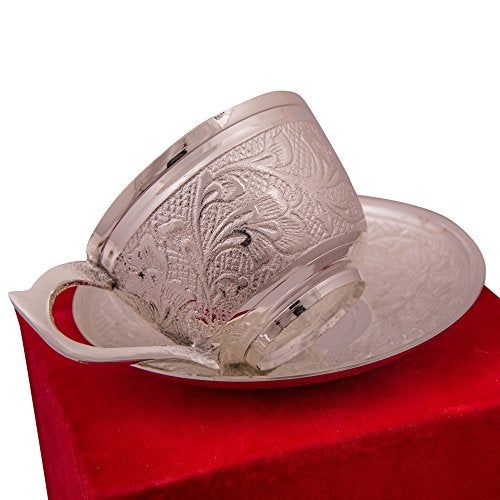 Piepot Luxury Handcrafted Silver Plated Cup Saucer Set with Tray in Velvet Box | Cup Saucer Set of 1 for Tea | Tea/Coffee Cups 120 ml | Microwave & Dishwasher Safe | Ideal for Daily Use & Gifting - Image 2