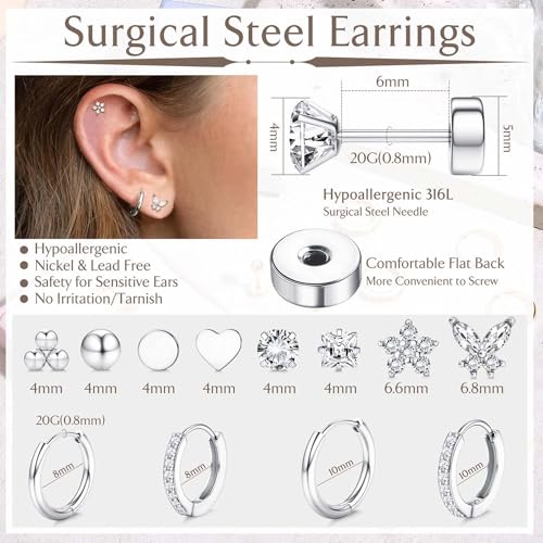 Jstyle Hypoallergenic Silver Plated Flat Back Earrings for Women Men Surgical Stainless Steel Earrings for Sensitive Ears Small Stud Hoop Cartilage Earring Stack Set for Multiple Piercing Jewelry E - Image 5
