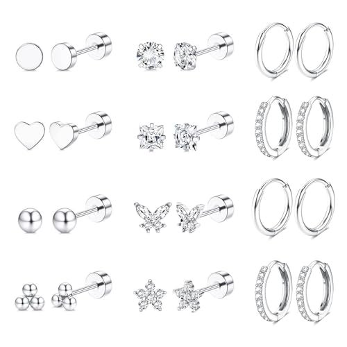 Jstyle Hypoallergenic Silver Plated Flat Back Earrings for Women Men Surgical Stainless Steel Earrings for Sensitive Ears Small Stud Hoop Cartilage Earring Stack Set for Multiple Piercing Jewelry E - Image 1