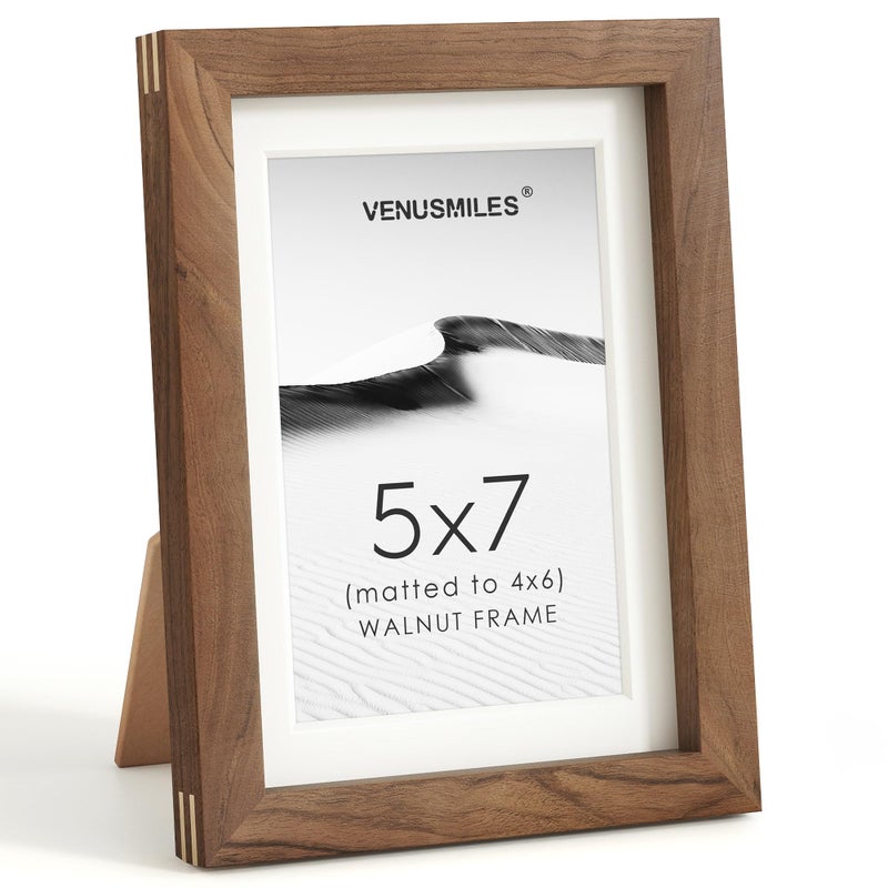 Venusmiles 5x7 Picture Frame, USA-Sourced Natural Walnut Wood Photo Collage Frame with HD Tempered Glass, Modern Simple 5 x 7 Wooden Frame Matted to 4x6, Gallery Wall Frames for Art, Wall or Tabletop Display - Image 1