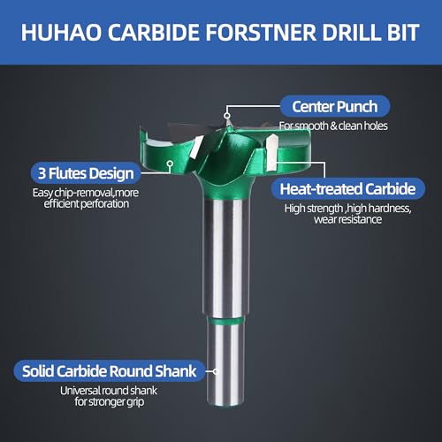 HUHAO Forstner Drill Bits 55mm (2-1/16 inch) Carbide Upgraded Version 3-Cutter Higher Hardness Wood Hole Saw Auger Opener Woodworking Drilling Tool Wood Cutter - Image 2