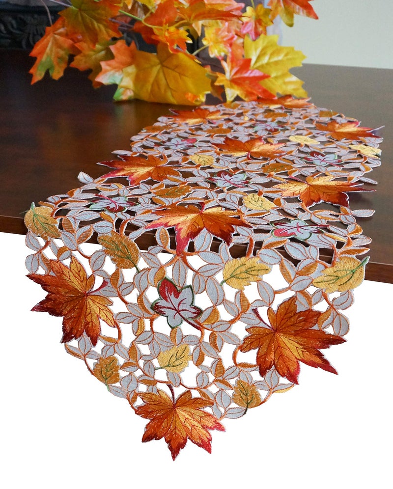 Fall Halloween Table Runner 13x36 Thanksgiving Holiday Cutwork Applique Embroidered Pumpkins Maple Leaves and Bats Dresser Scarf for Home Dining Autumn Tabletop Decoration Maple Leaves 13x34