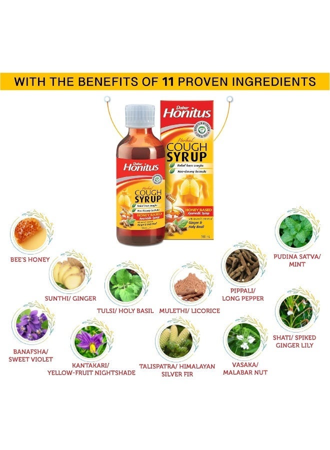 Dabur شراب السعال هونيترس تخفيف السعال تركيبة غير مهدئة زنجبيل وريحان مقدس 100 مل - Image 3