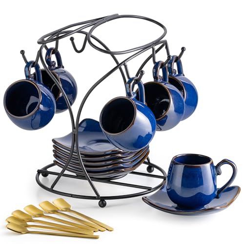 LYEOBOH 3oz Espresso Cups with Saucers Small Coffee Cups Set of 6 with Spoons and Metal Stand Ceramic Cute Demitasse Cups for Housewarming Wedding Gift Cobalt Blue - Image 1