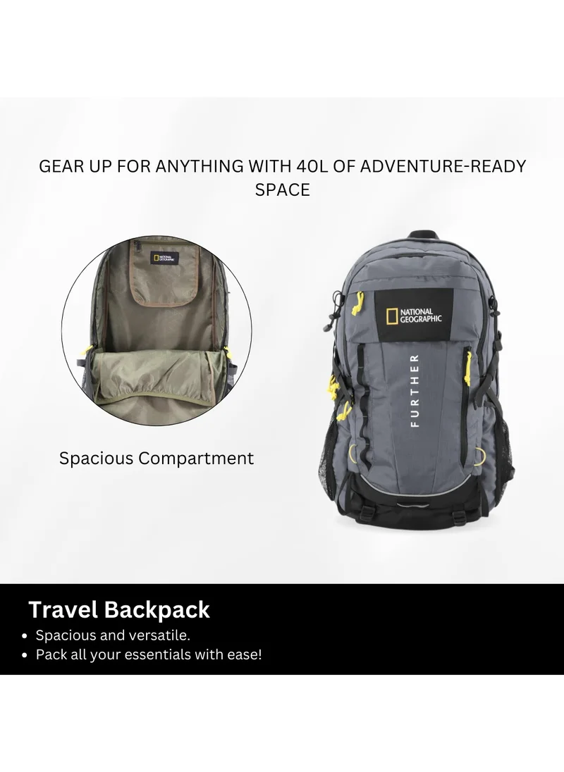 ناشيونال چيوغرافيك National Geographic Destination 40L Backpack Grey, Durable Water Resistant Polyester Secure RFID Pocket Lightweight Bag With Raincover, 2 Side Waist Belt Protection For Men Women Trekking Hiking Camping Outdoor Travel