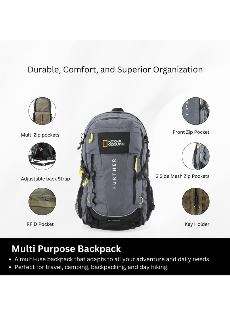 NATIONAL GEOGRAPHIC National Geographic Destination 40L Backpack Grey, Durable Water Resistant Polyester Secure RFID Pocket Lightweight Bag With Raincover, 2 Side Waist Belt Protection For Men Women Trekking Hiking Camping Outdoor Travel  - Image 3