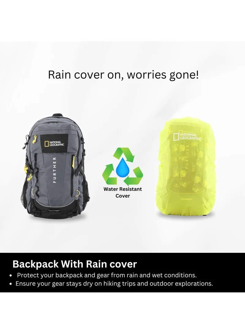 NATIONAL GEOGRAPHIC National Geographic Destination 40L Backpack Grey, Durable Water Resistant Polyester Secure RFID Pocket Lightweight Bag With Raincover, 2 Side Waist Belt Protection For Men Women Trekking Hiking Camping Outdoor Travel