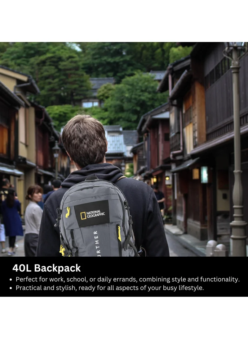 NATIONAL GEOGRAPHIC National Geographic Destination 40L Backpack Grey, Durable Water Resistant Polyester Secure RFID Pocket Lightweight Bag With Raincover, 2 Side Waist Belt Protection For Men Women Trekking Hiking Camping Outdoor Travel
