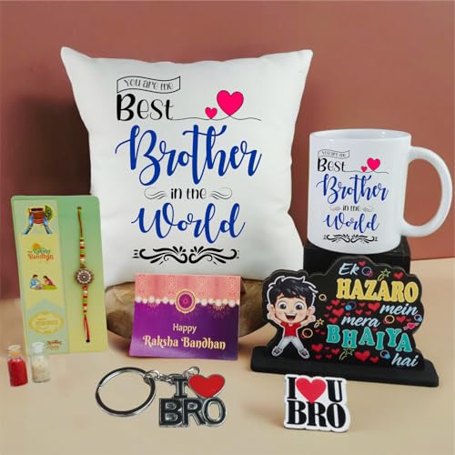 PICRAZEE Raksha Bandhan Gift for Brother – Rakhi, 12” Cushion with Filler, Mug, Table Standy, Roli-Chawal Bottles, Keyring, Fridge Magnet & Greeting Card - Image 1
