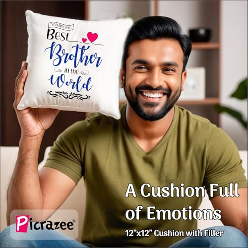 PICRAZEE Raksha Bandhan Gift for Brother – Rakhi, 12” Cushion with Filler, Mug, Table Standy, Roli-Chawal Bottles, Keyring, Fridge Magnet & Greeting Card - Image 4