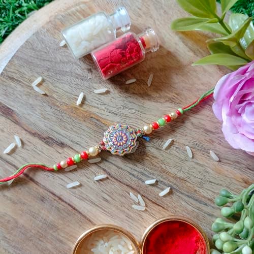 PICRAZEE Raksha Bandhan Gift for Brother – Rakhi, 12” Cushion with Filler, Mug, Table Standy, Roli-Chawal Bottles, Keyring, Fridge Magnet & Greeting Card - Image 2