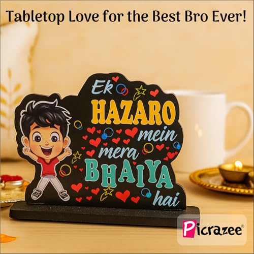 PICRAZEE Raksha Bandhan Gift for Brother – Rakhi, 12” Cushion with Filler, Mug, Table Standy, Roli-Chawal Bottles, Keyring, Fridge Magnet & Greeting Card - Image 3