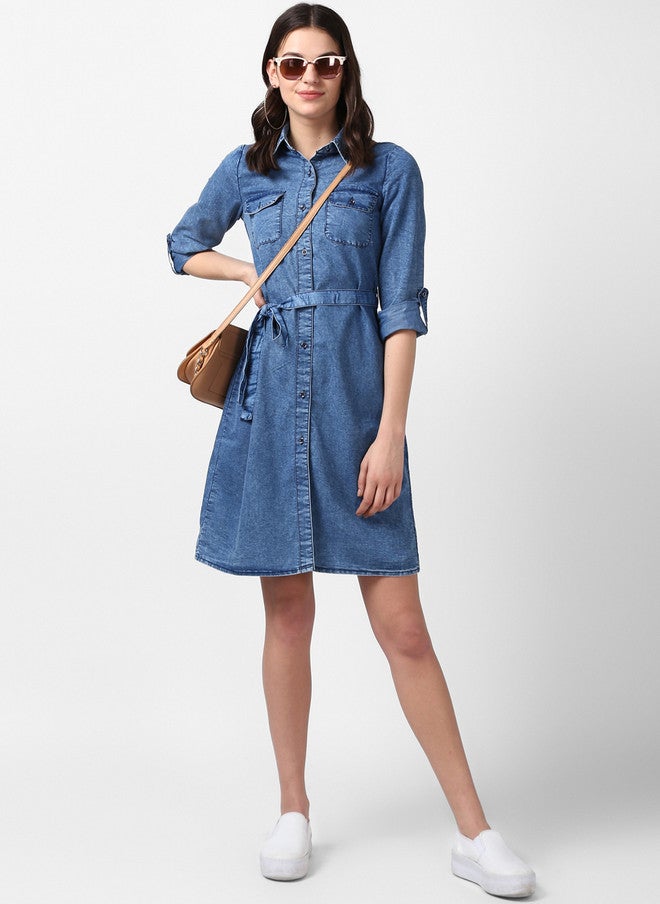 StyleStone فستان قميص جينز أزرق سادة للنساء من ستايل ستون مع حزام - Image 5