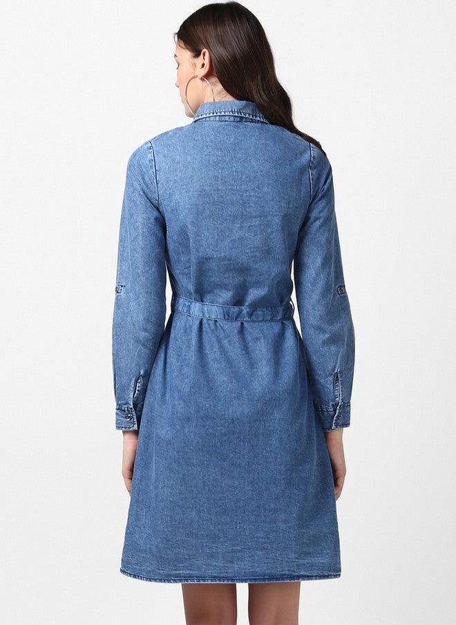StyleStone فستان قميص جينز أزرق سادة للنساء من ستايل ستون مع حزام - Image 4