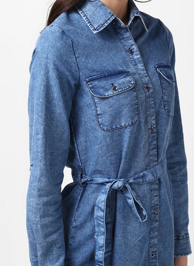 StyleStone فستان قميص جينز أزرق سادة للنساء من ستايل ستون مع حزام - Image 2