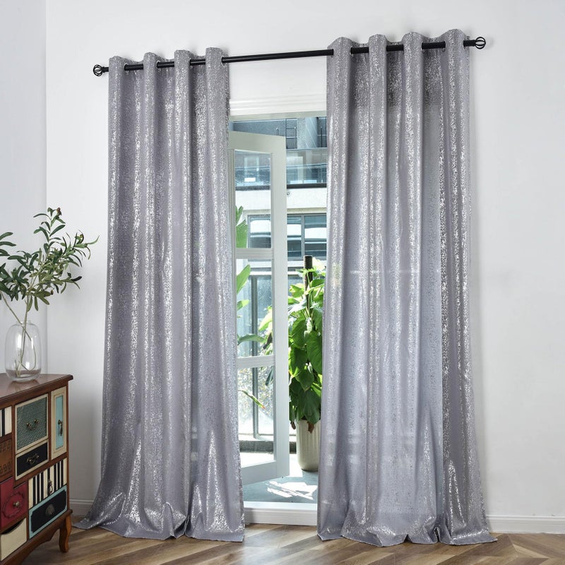 TERLYTEX Silver Curtains 84 Inches Long, Metallic Foil Dots Print Silver Grey Curtains for Living Room, Grommet Privacy Semi-Sheer Sparkle Shimmer Curtains, 52 x 84 Inch, 2 Panels, Silver Grey - Image 2