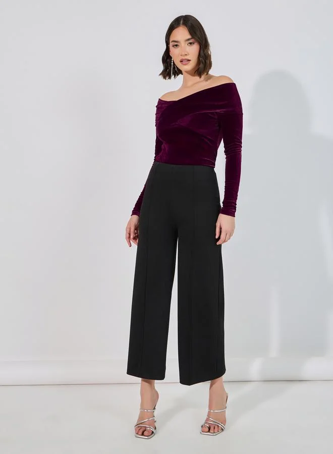Styli Fitted Off Shoulder Neck Velvet Look Top