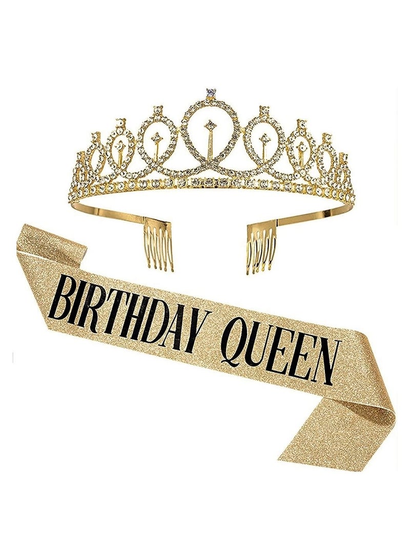 MARGOUN Birthday Queen Sash and Rhinestone Diamond Tiara Crown Set Girls Women Birthday Decoration Party Supplies Gold - Image 1
