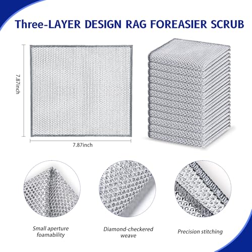 Wangjinpeng 12 PCS 3-Layer Non-Scratch Multipurpose Steel Wire Dishcloths - Reusable Quick-Dry Odor-Free Scrub Cloths for Dishes, Kitchen Cleaning Cloths for Cookware, Sinks, Stove Tops(7.87X7.87) - Image 2