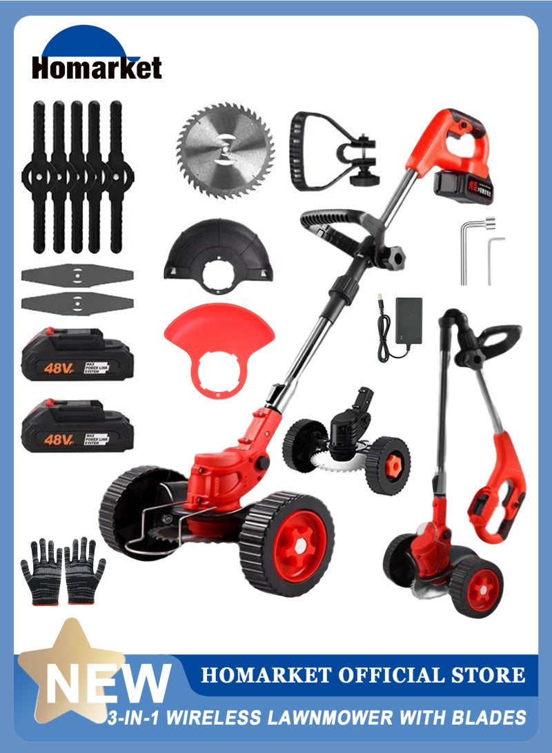 HomarKet Electric String Trimmer Kit,Cordless Handheld Grass Trimmer with 48V*2 Rechargable Battery,Wheel,3 Types Cutting Blade,Gloves,Charger Included,Lawn Mower for Yard Lawn - Image 1