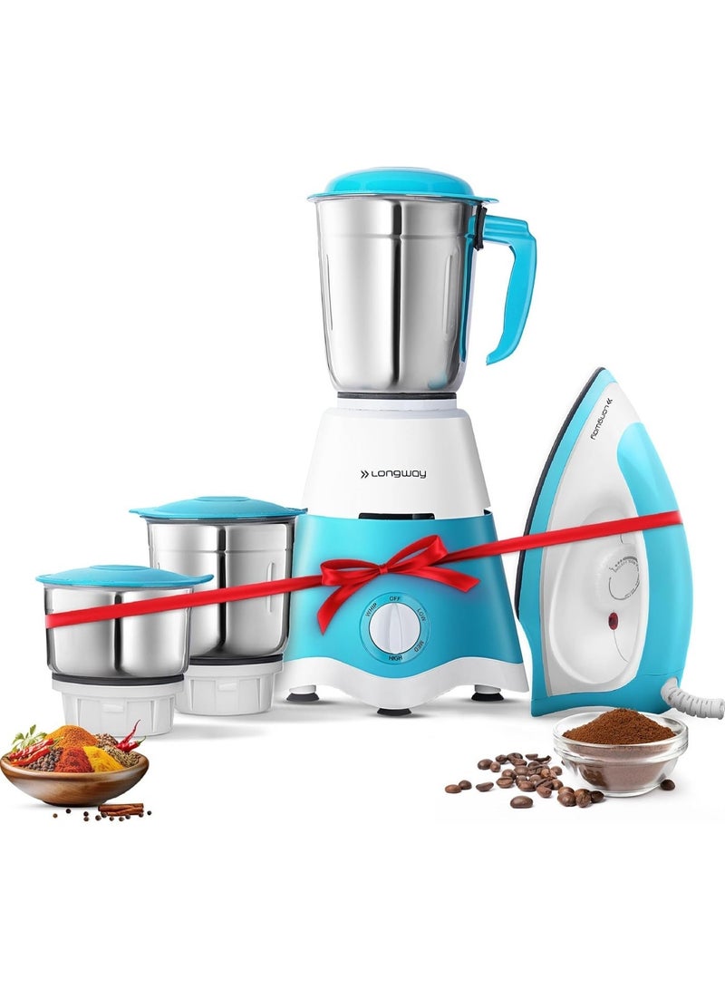 لونج واي Longway Super Dlx Mixer Grinder with 1100W Dry Iron | Up to 700 Watt Powerful Motor | 3 Jars for Grinding, Mixing, Juicing | 2 Year Warranty (Blue & White, Combo Offer) - Image 1