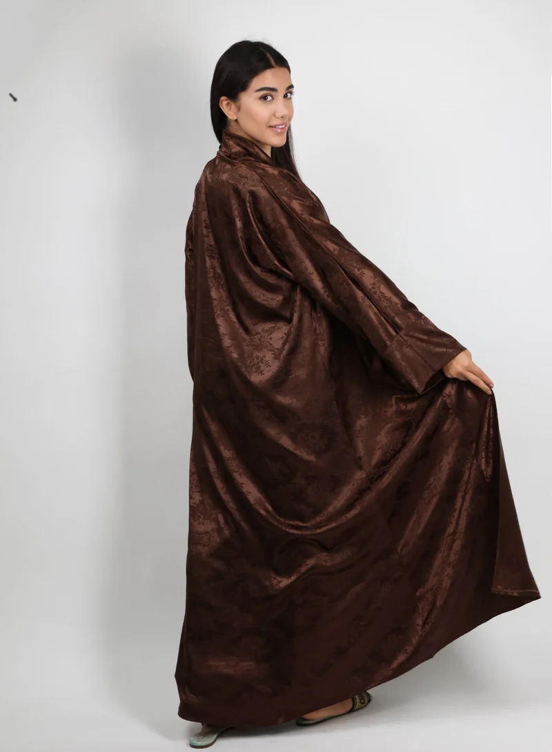 JAMEELA  Brown Abaya with Floral Jacquard Print for Women | Best Price UAE