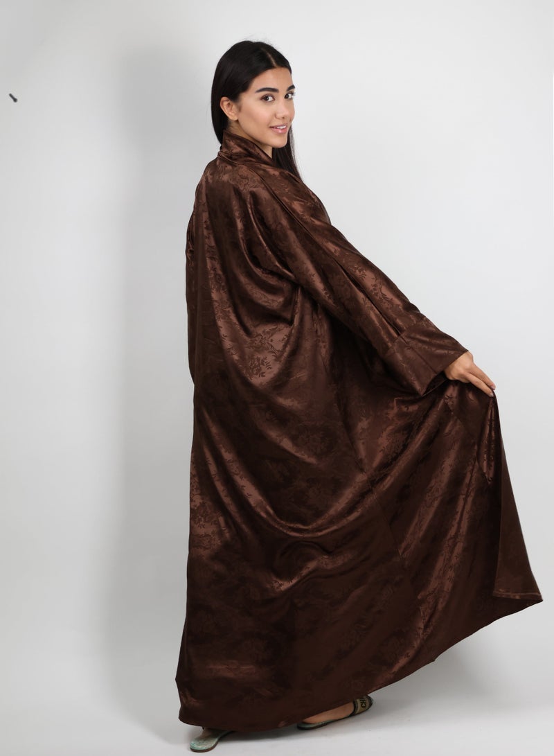 JAMEELA Brown Abaya with Floral Jacquard Print - Image 3