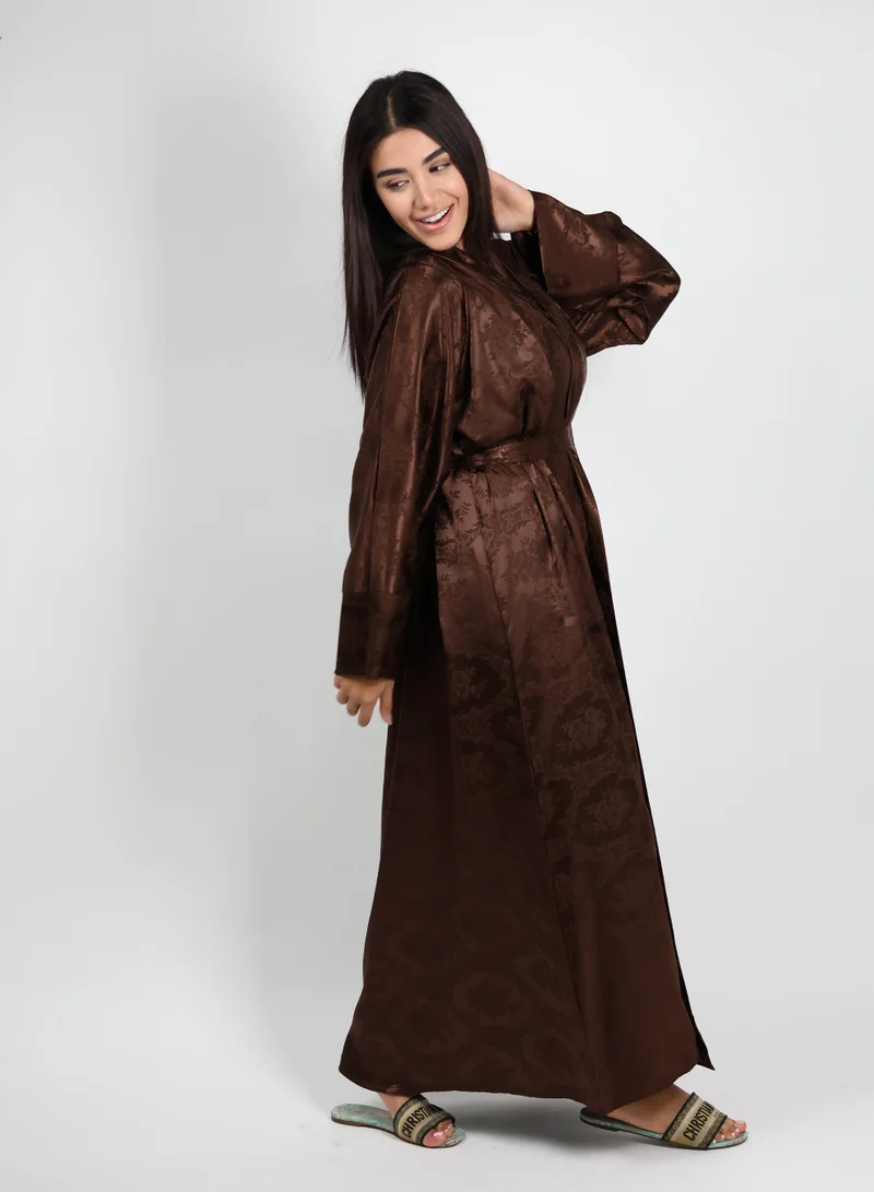 JAMEELA  Brown Abaya with Floral Jacquard Print for Women | Best Price UAE