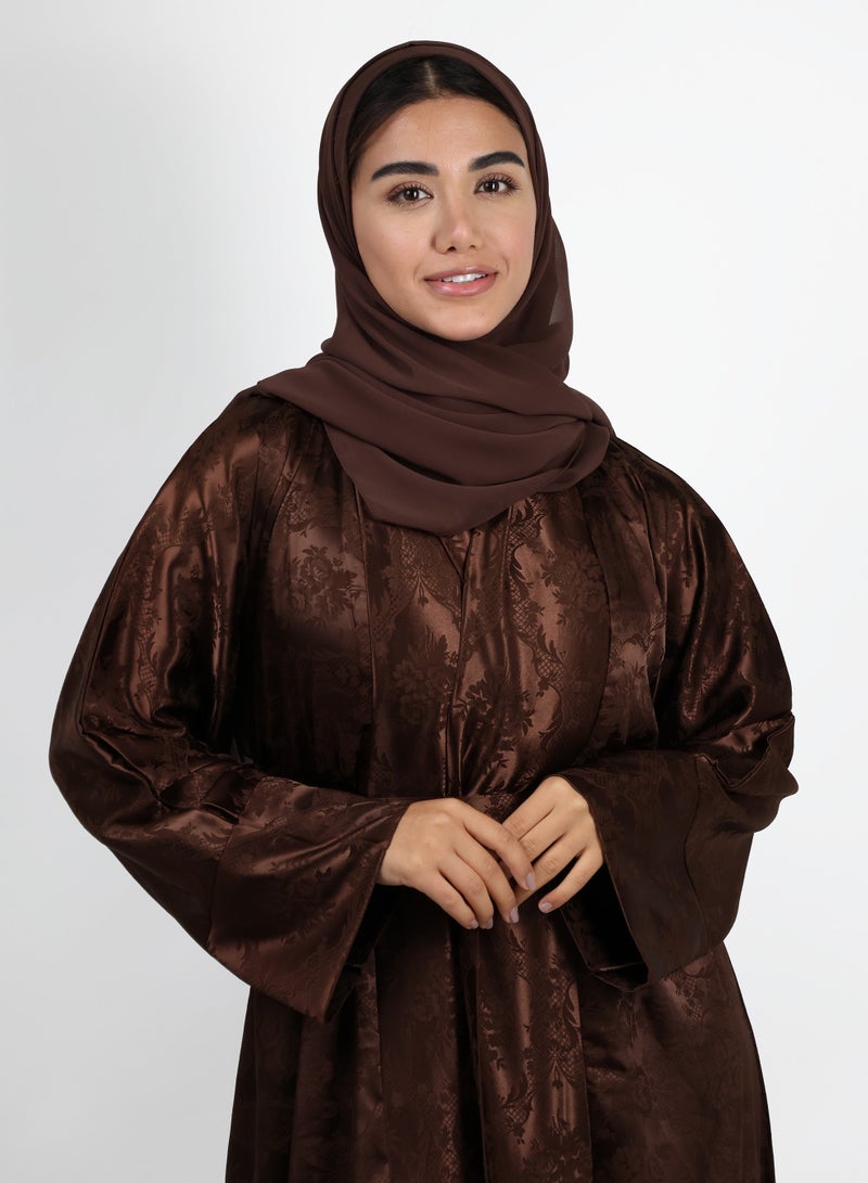 JAMEELA Brown Abaya with Floral Jacquard Print - Image 2