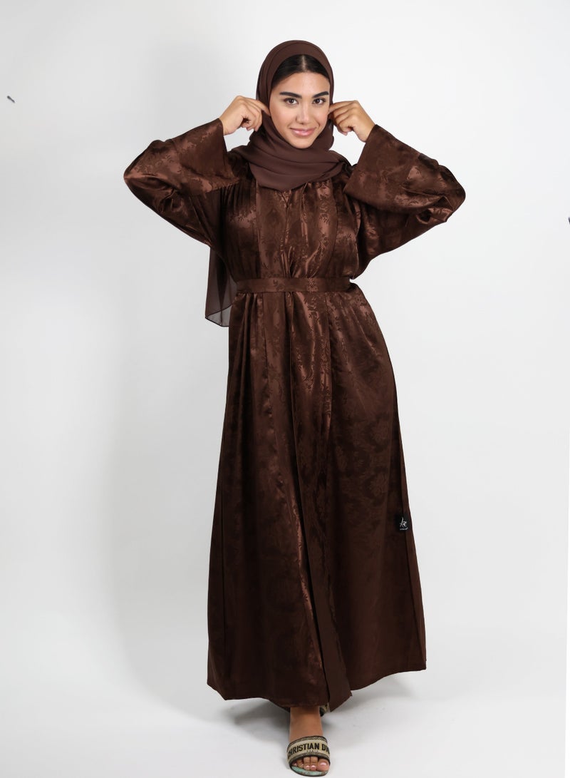 JAMEELA Brown Abaya with Floral Jacquard Print - Image 1