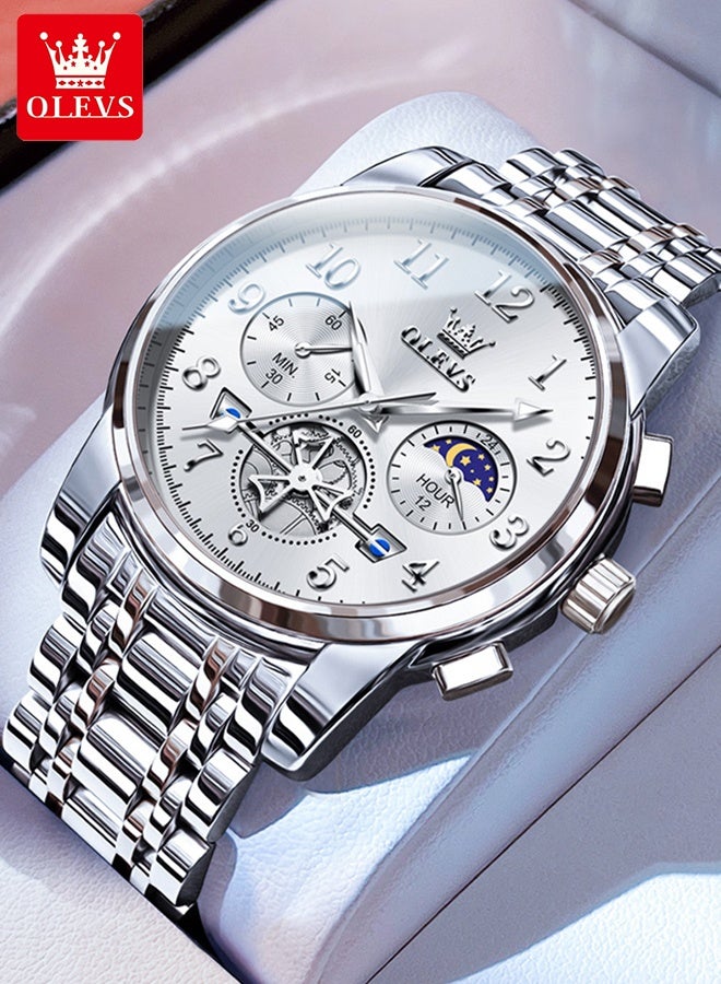 OLEVS Luxury Moon Phase Watch For Men Stainless Steel Waterpoof Luminous Fashion Chronograph Quartz Wrist Watch for Men - Image 1