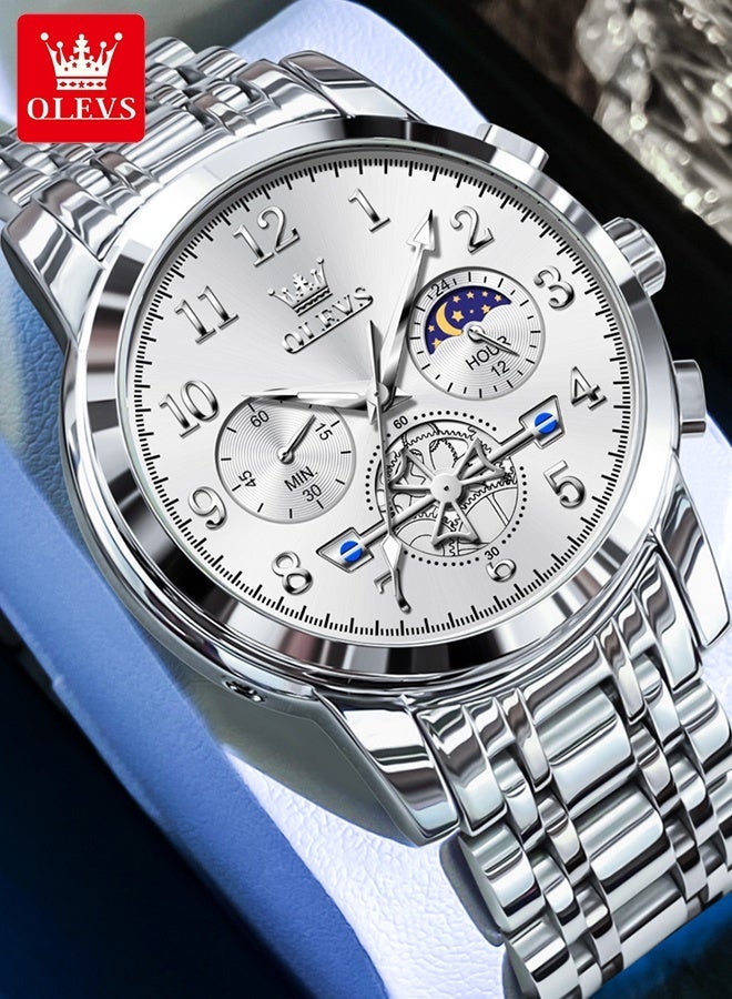 OLEVS Luxury Moon Phase Watch For Men Stainless Steel Waterpoof Luminous Fashion Chronograph Quartz Wrist Watch for Men - Image 5