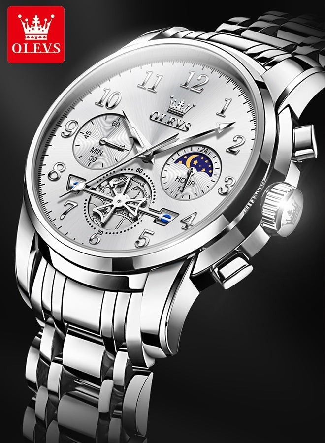 OLEVS Luxury Moon Phase Watch For Men Stainless Steel Waterpoof Luminous Fashion Chronograph Quartz Wrist Watch for Men - Image 2