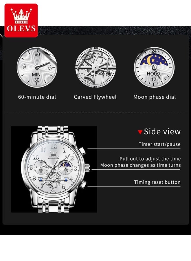 OLEVS Luxury Moon Phase Watch For Men Stainless Steel Waterpoof Luminous Fashion Chronograph Quartz Wrist Watch for Men - Image 4