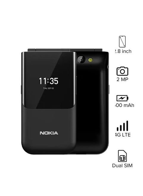 2720 ​​Flip dual SIM mobile phone, black color, with 4GB internal memory and 512MB RAM, supports 4G LTE technology