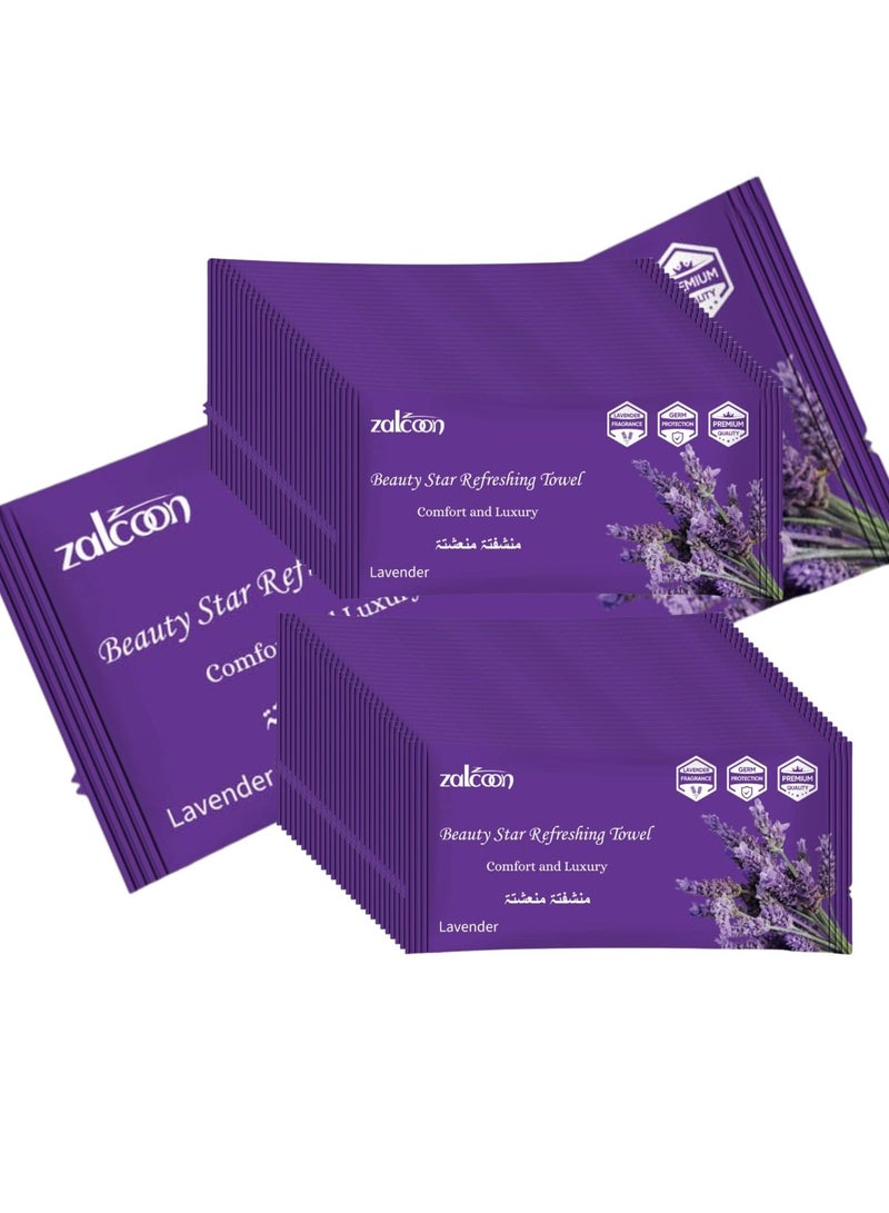 Zalcoon Refreshing Towel Wipes, Cotton Refreshment White Towels (50 Packs, 22x22cm) Mildly Scented Pre-moistened Towels to Use Hot or Cold - Lavender Scent - Image 1
