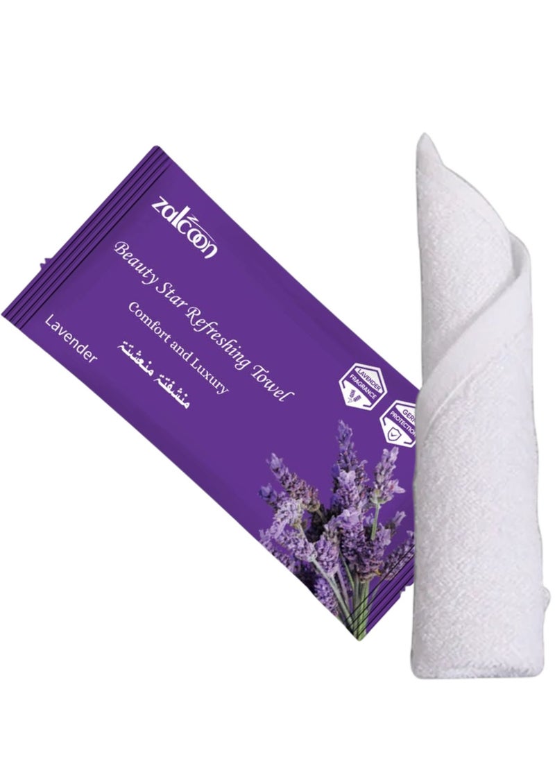 Zalcoon Refreshing Towel Wipes, Cotton Refreshment White Towels (50 Packs, 22x22cm) Mildly Scented Pre-moistened Towels to Use Hot or Cold - Lavender Scent - Image 3