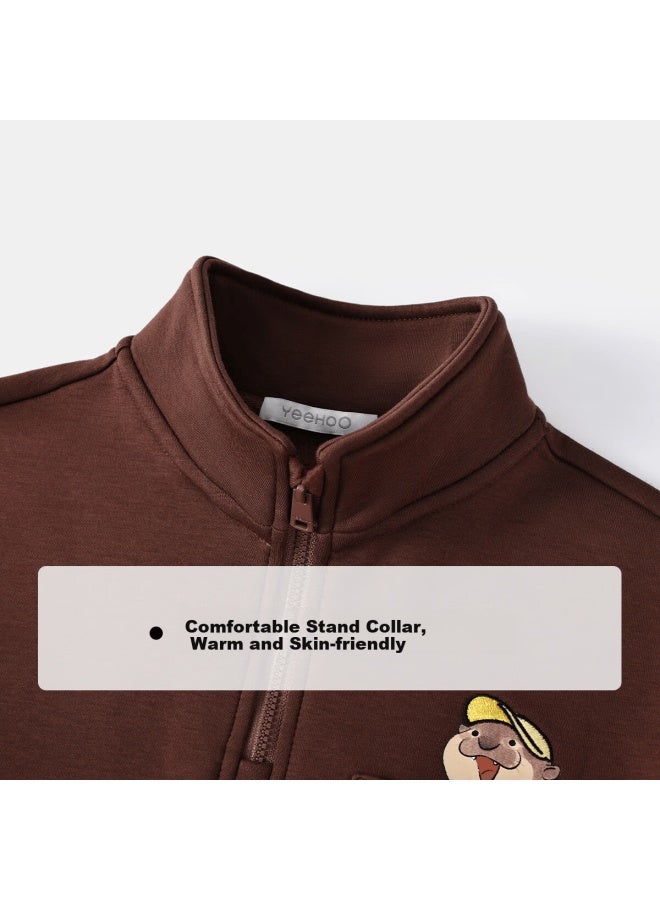 Yeehoo Boys' Sweatshirt Children's Long Sleeve Stand Collar Top Milei Collaboration Casual Winter Wear Jazz Brown 140 - Image 2