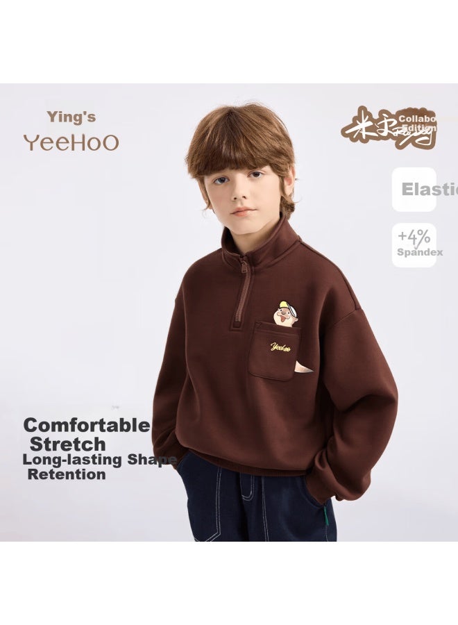 Yeehoo Boys' Sweatshirt Children's Long Sleeve Stand Collar Top Milei Collaboration Casual Winter Wear Jazz Brown 140 - Image 1