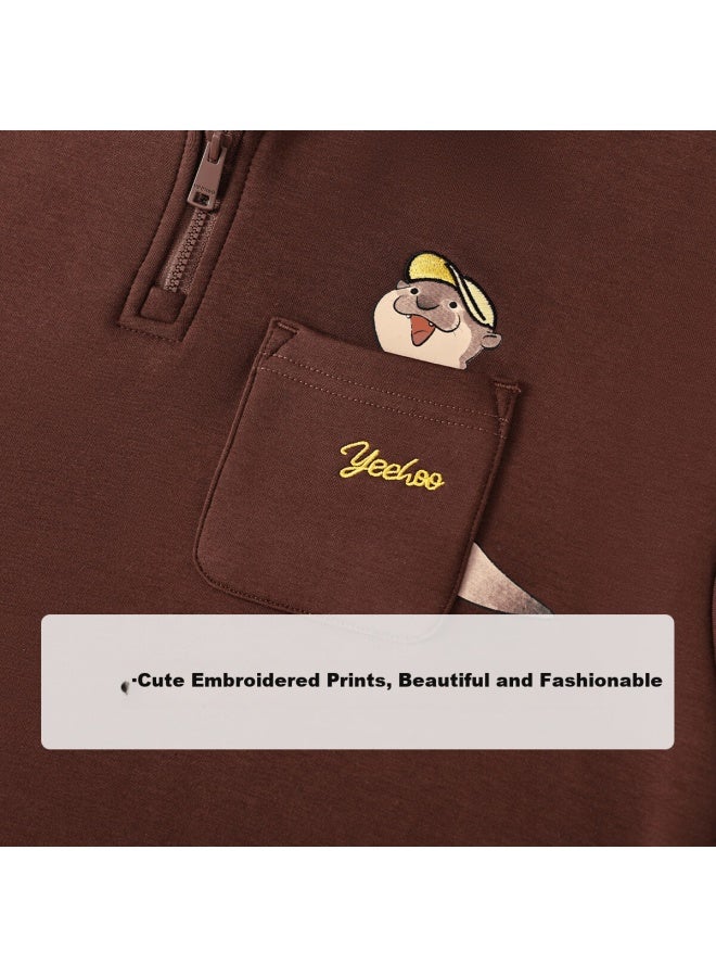 Yeehoo Boys' Sweatshirt Children's Long Sleeve Stand Collar Top Milei Collaboration Casual Winter Wear Jazz Brown 140 - Image 3