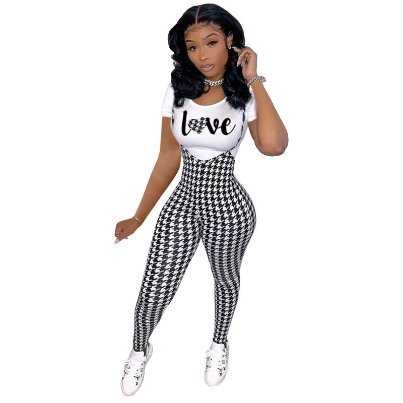 Fashion Printed Tee  Jumpsuit Set for Women Black and white -8 