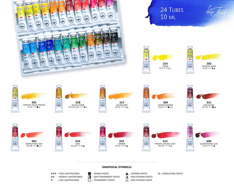 White Nights Professional Watercolor Set 24 Extra Fine Artist Grade 10ml Tubes, Vibrant & Lightfast Colors, Premium Art Supplies for Artists & Hobbyists by Nevskaya Palitra - Image 4